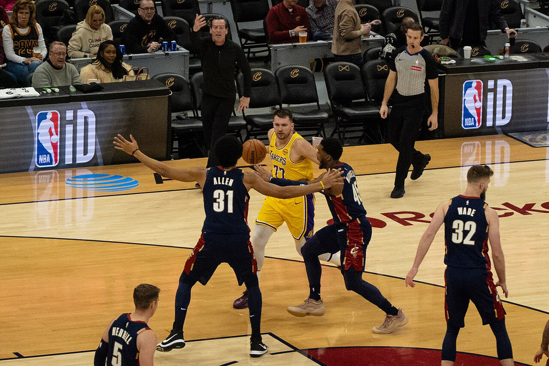 Luka Doncic in Los Angeles Lakers colors during a January 2026 NBA game