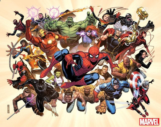Comic-style ensemble of Avengers including Hulk, Thor, Spider-Man, Captain America and Black Panther in dynamic forward-moving poses.