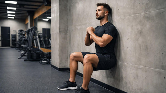 Person performing a controlled wall sit against a wall