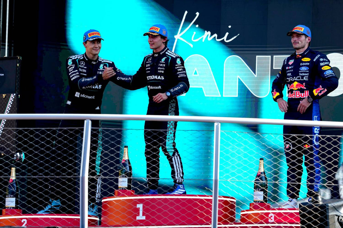 Kimi Antonelli celebrates his Mercedes victory at the 2026 Italian Grand Prix in Monza.