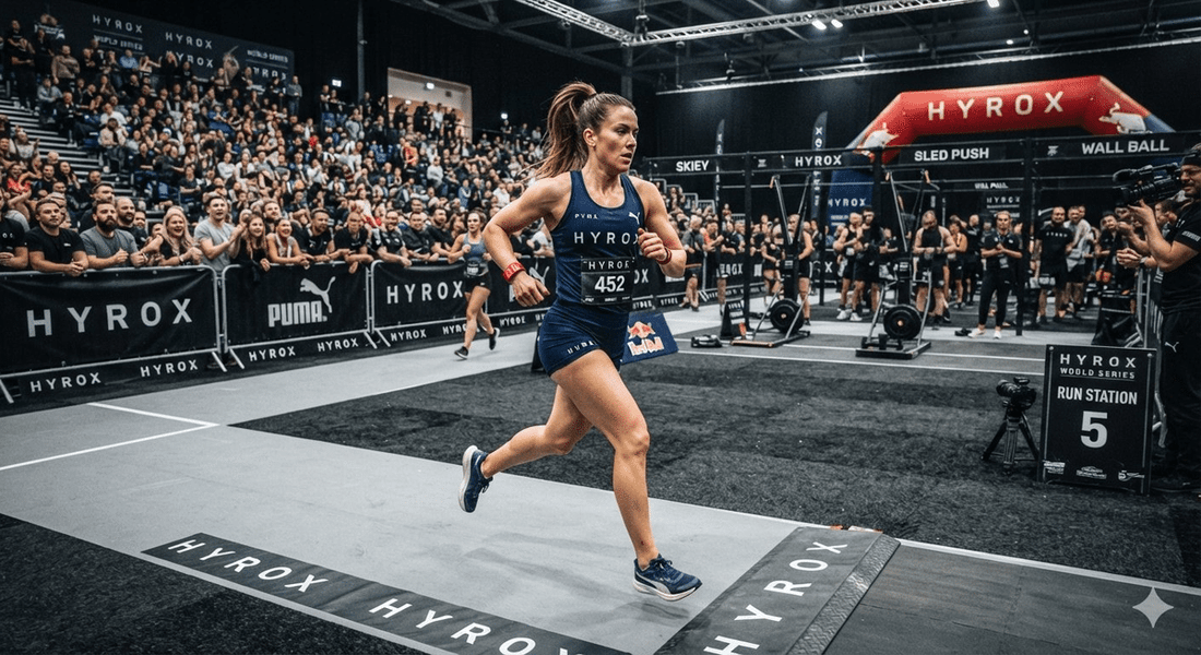 Female HYROX athlete running between workout stations inside a crowded race arena
