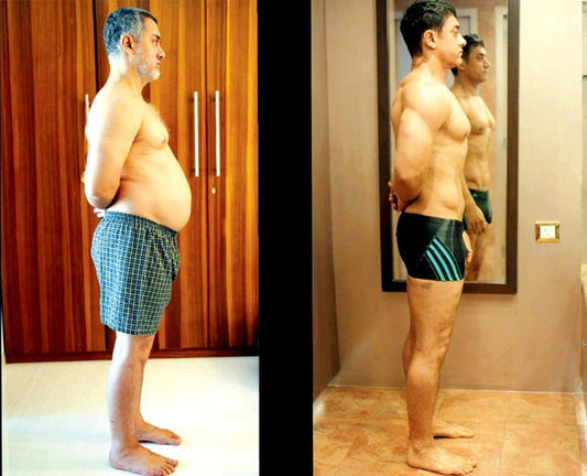 Side-by-side photographs of Aamir Khan during the heavier and leaner phases of his Dangal body transformation