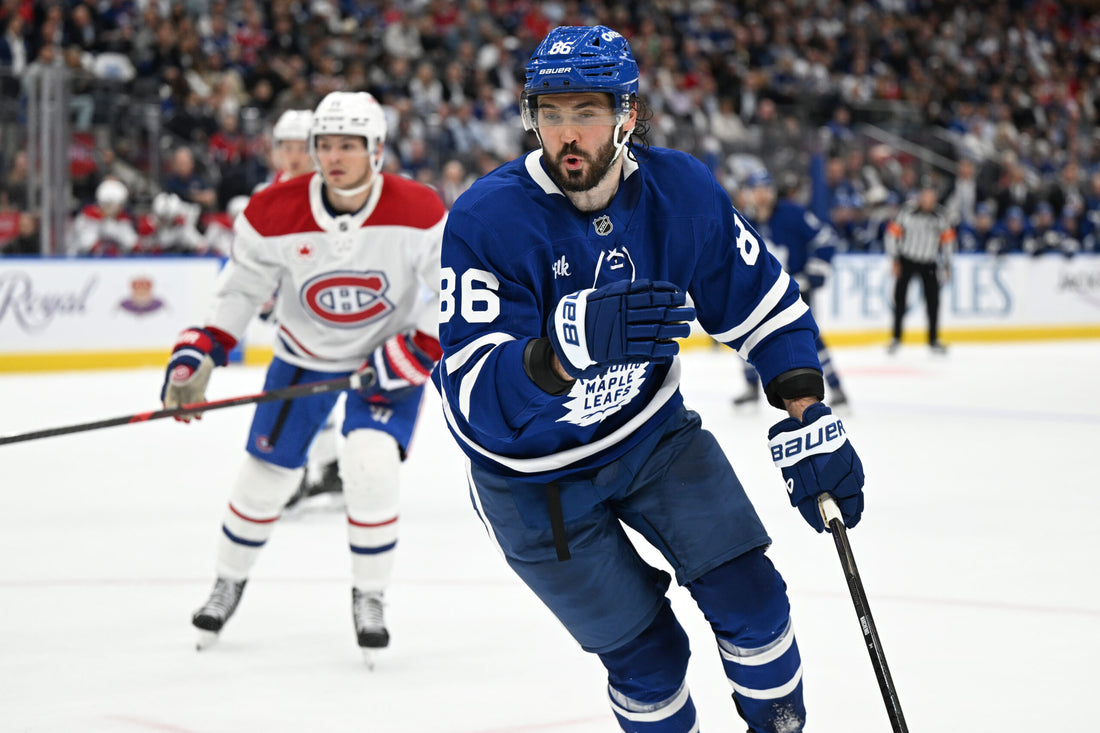 Kirill Marchenko skating for Toronto in the 2026 Maple Leafs blue jersey