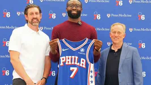 Jaylen Brown at his Philadelphia 76ers introduction after leaving the Boston Celtics