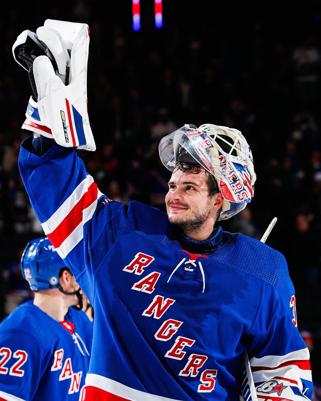 Igor Shesterkin celebrating in a New York Rangers uniform