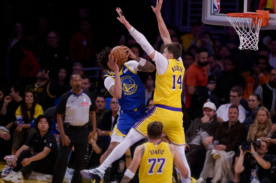 Walker Kessler defends the basket in his Los Angeles Lakers jersey against Golden State in October 2026