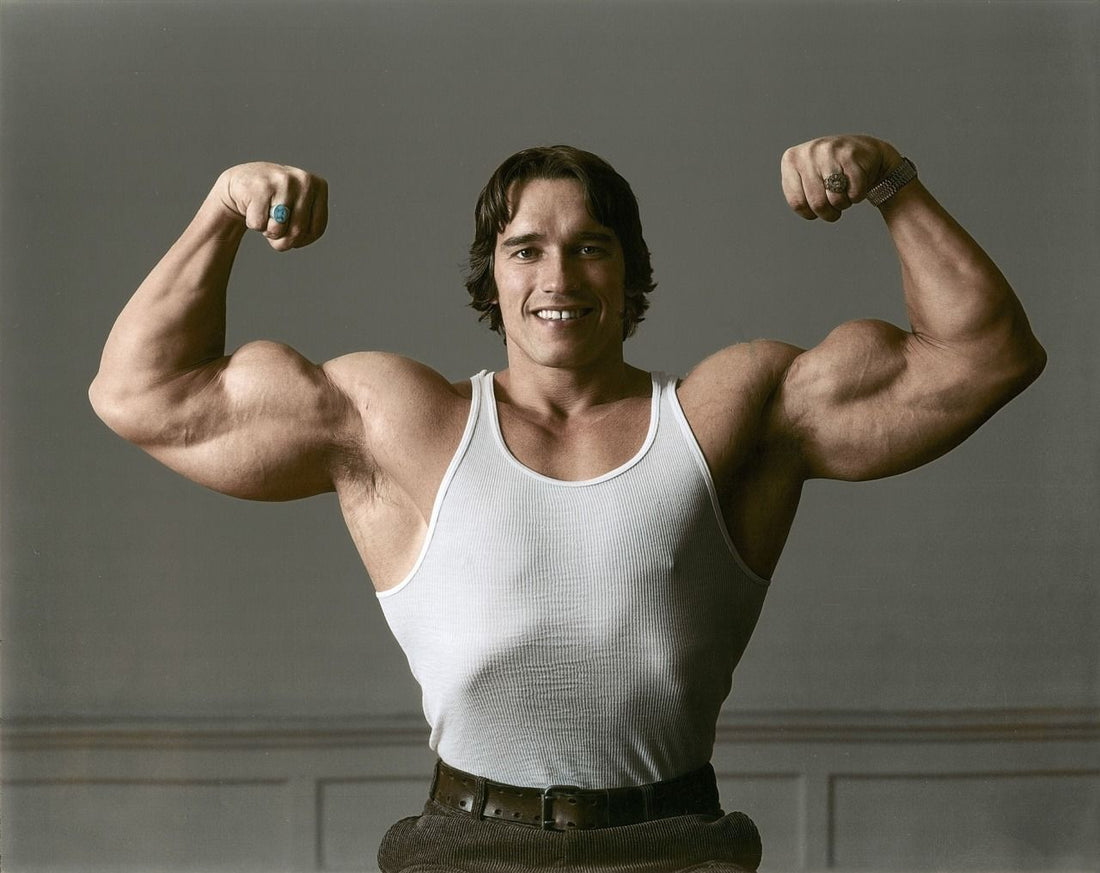 Arnold Schwarzenegger flexing both biceps in a white tank top