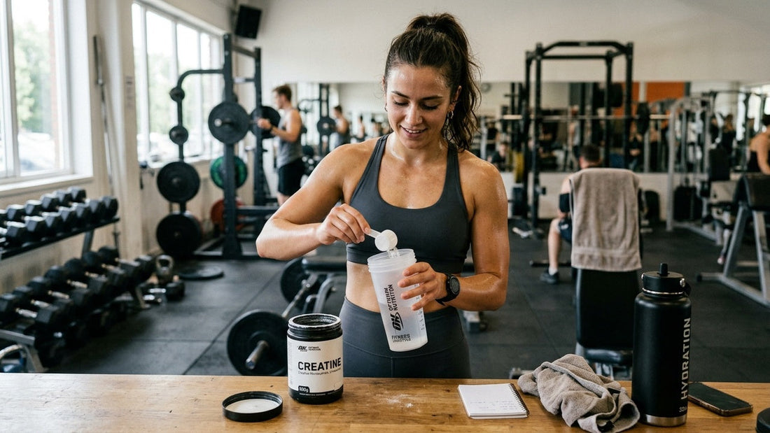 Athletic woman preparing a scoop of creatine monohydrate into a shaker at a gym
