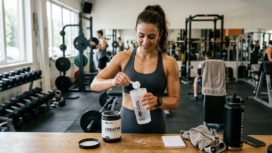 Athletic woman preparing a scoop of creatine monohydrate into a shaker at a gym