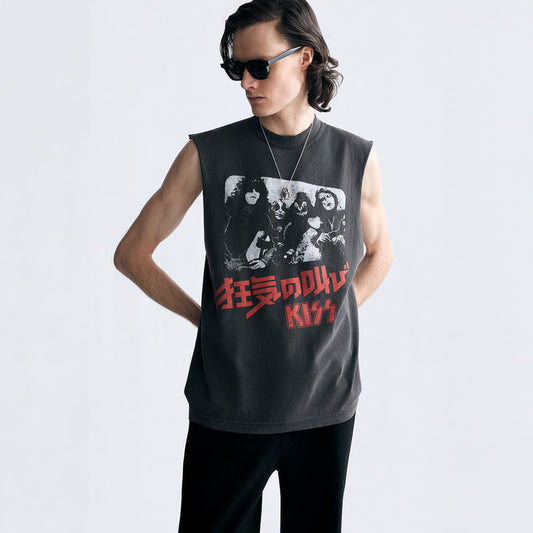 Male model wearing a charcoal sleeveless KISS band graphic muscle tee against a plain background