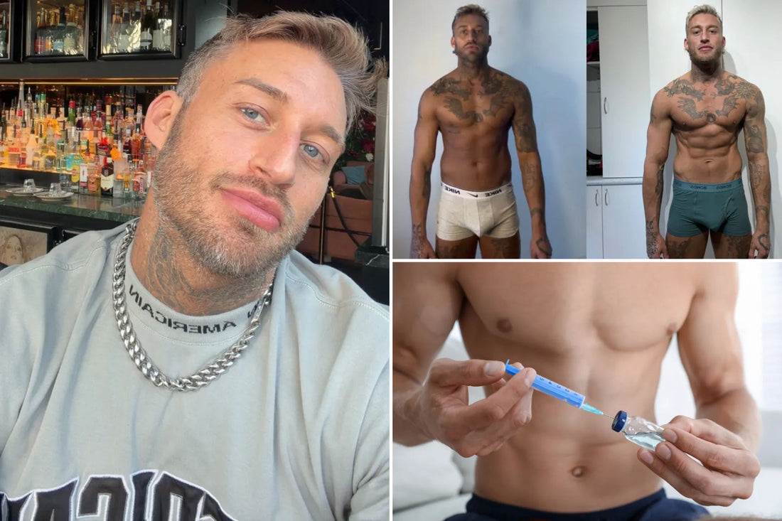 Editorial collage of a young tattooed man, physique comparison photos and a close-up of a testosterone syringe