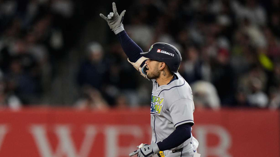 Victor Mesa Jr. celebrates his two-run home run for Tampa Bay at Yankee Stadium on October 7, 2026