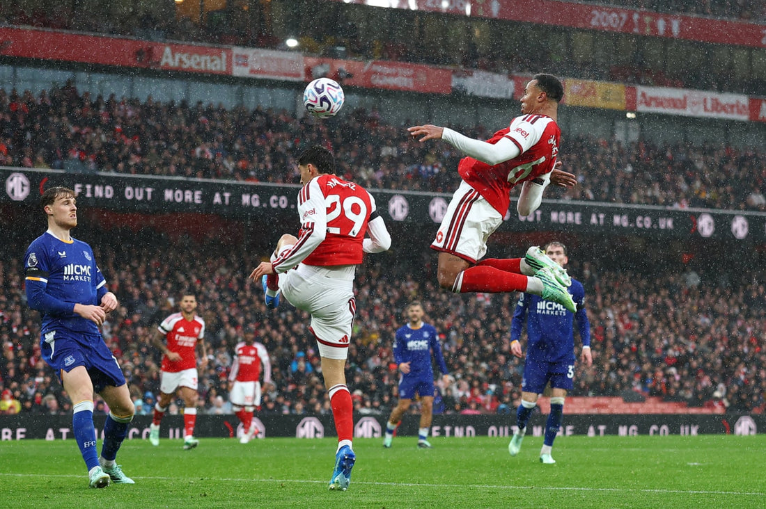 Gabriel Magalhaes heads Arsenal's second goal against Everton on 24 October 2026