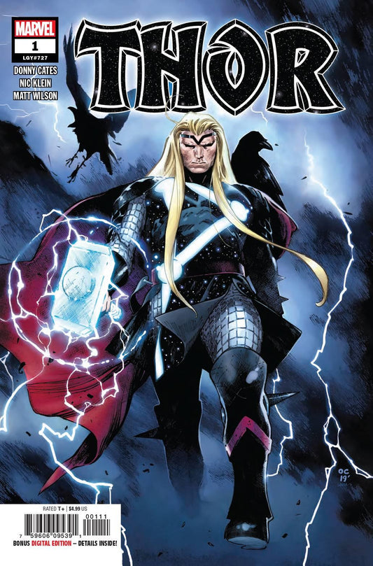 Thor from a modern comic cover holding Mjolnir amid blue lightning