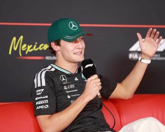 George Russell speaking to media at the October 2026 Mexico City Grand Prix