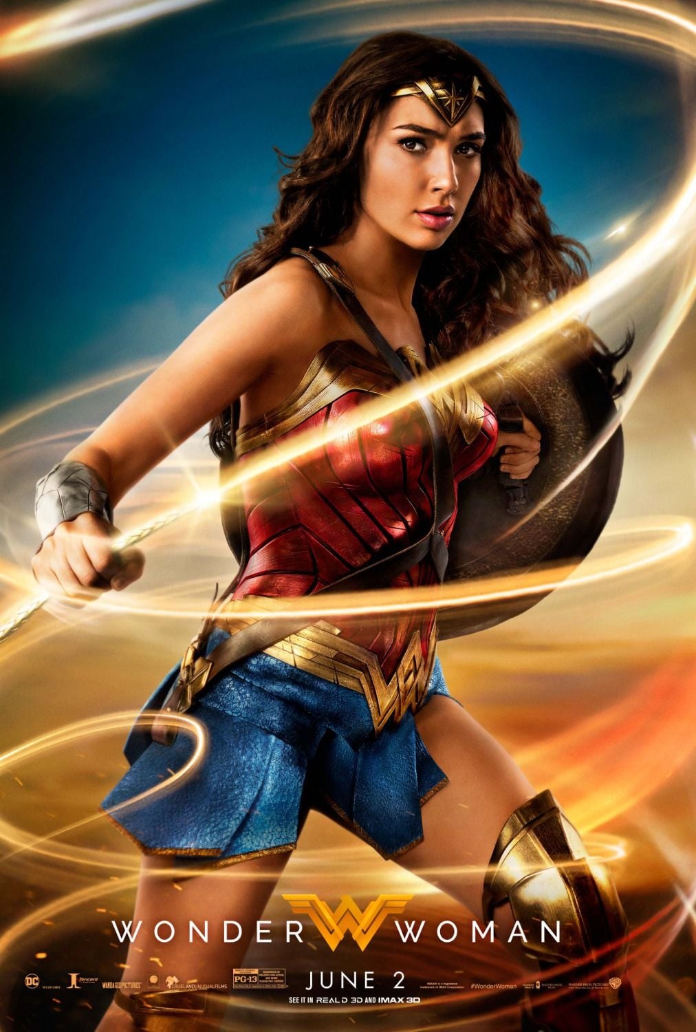 Wonder Woman in red and gold armor with glowing lasso and shield on a movie poster