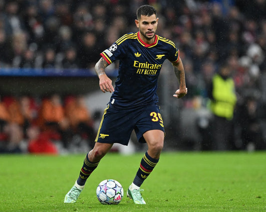 Bruno Guimarães in Arsenal's 2026/27 kit after his summer move from Newcastle