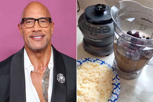 Dwayne Johnson beside a blender containing blueberries and rice, in a composite from his smoothie video
