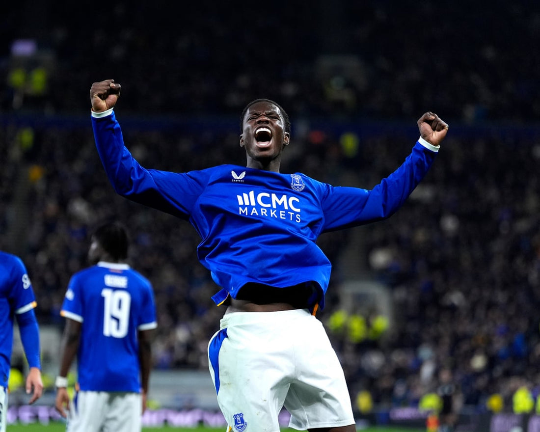 Thierno Barry celebrates Everton's third goal against Newcastle in the October 2026 League Cup