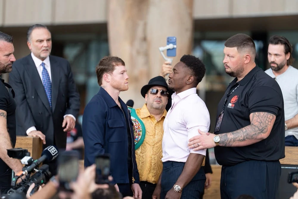Canelo Alvarez and Christian Mbilli face off ahead of their 2026 super-middleweight title fight