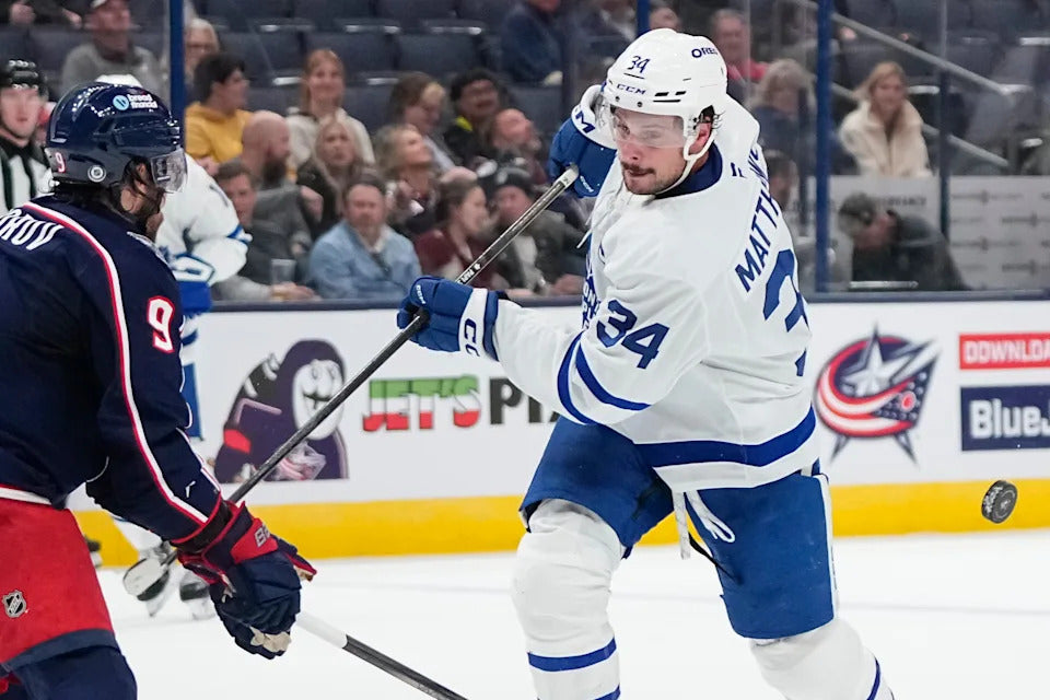 Auston Matthews in Toronto white against Columbus on October 20, 2026