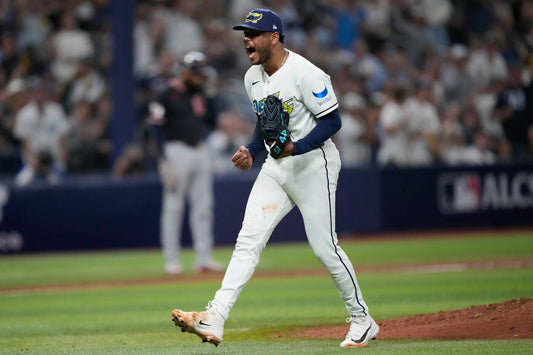 Freddy Peralta celebrates for Tampa Bay during ALCS Game 6 against Cleveland in October 2026