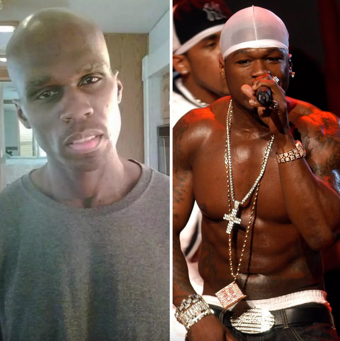 Side-by-side images of 50 Cent looking gaunt for All Things Fall Apart and muscular onstage