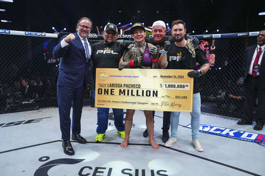 Larissa Pacheco celebrates her 2023 PFL featherweight championship