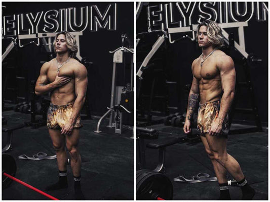 Alex Eubank shown in two gym poses beneath an ELYSIUM sign, highlighting his lean, proportional physique