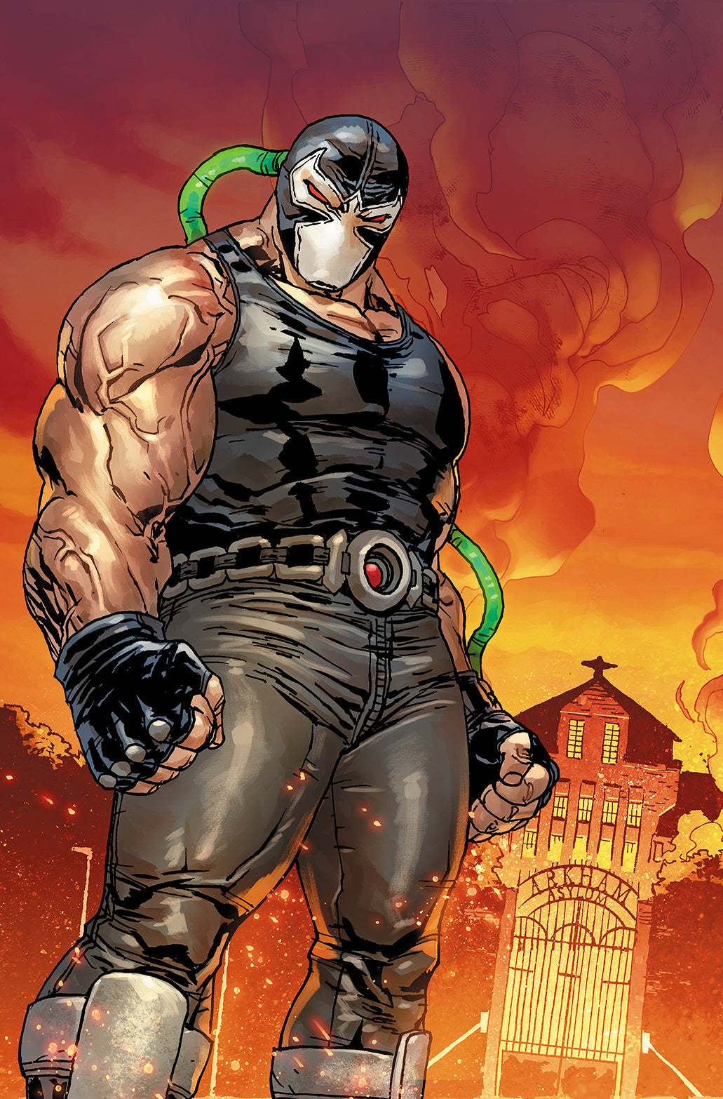 Comic-book Bane in a black sleeveless top and signature mask, broad muscular shoulders against an orange backdrop