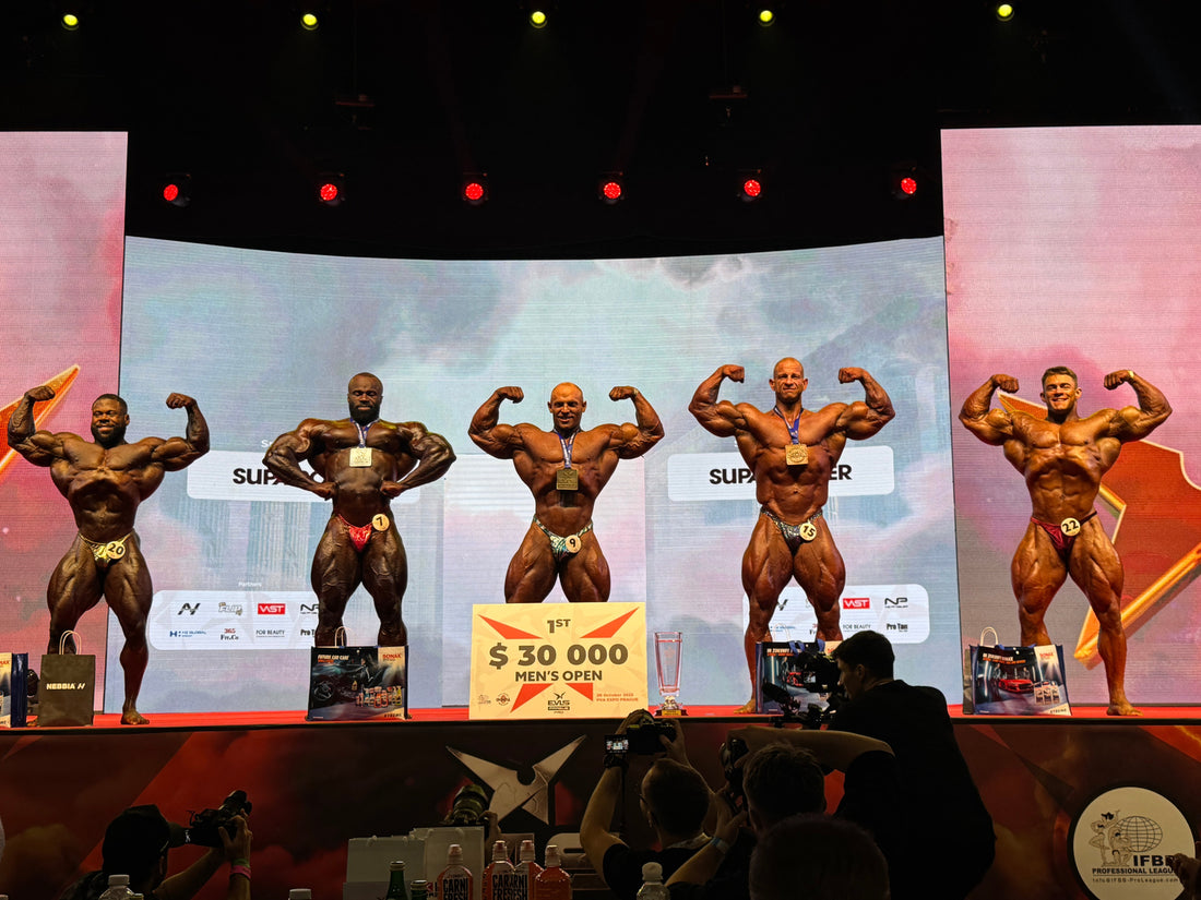 Men's Open medalists posing onstage at the 2025 EVLS Prague Pro awards ceremony
