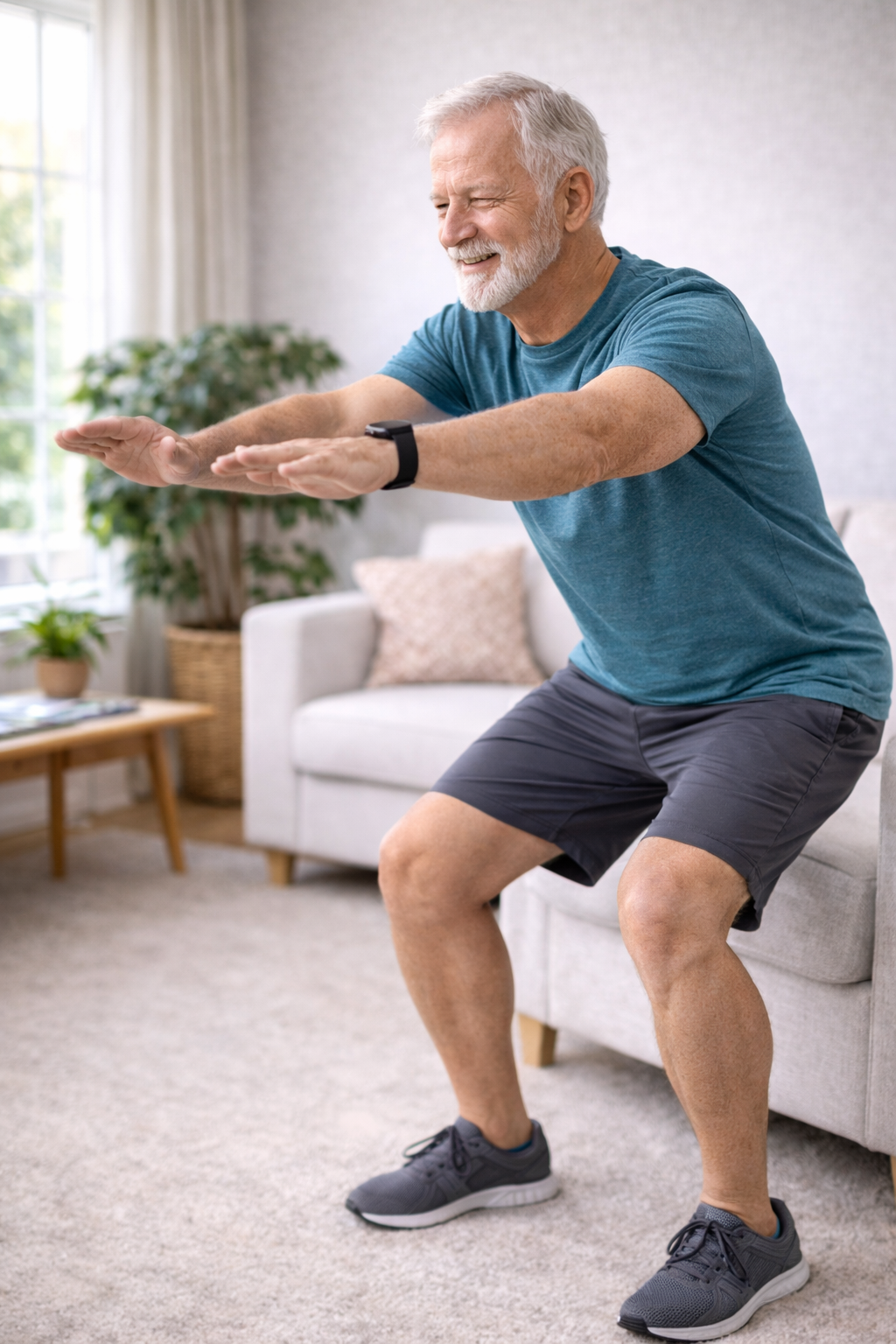 Older adult performing a controlled bodyweight squat at home