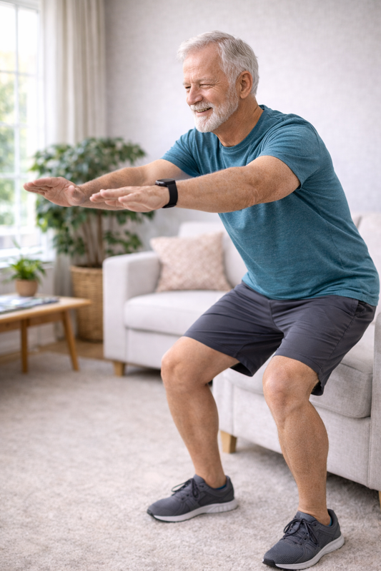 Older adult performing a controlled bodyweight squat at home