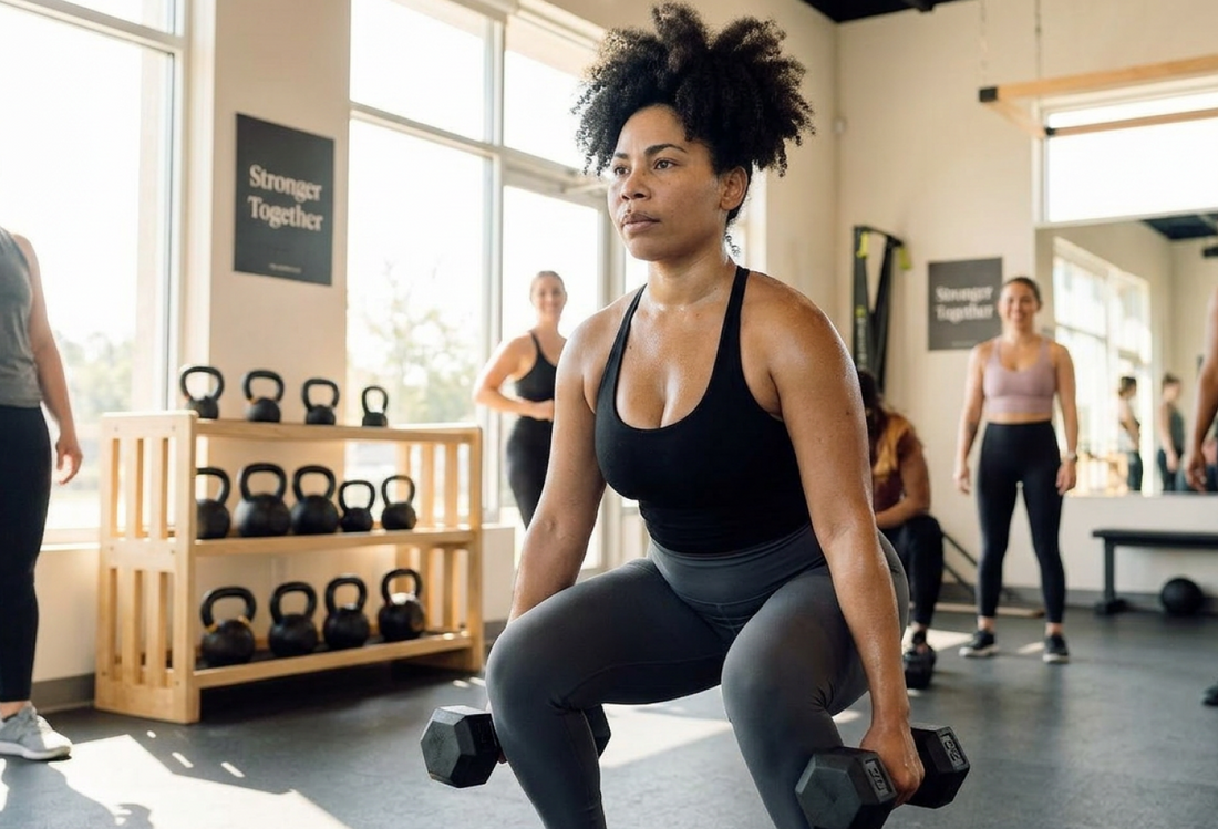 Woman lowering into a dumbbell squat during a strength training class
