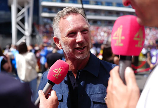 Christian Horner speaking to reporters at the 2026 British Grand Prix