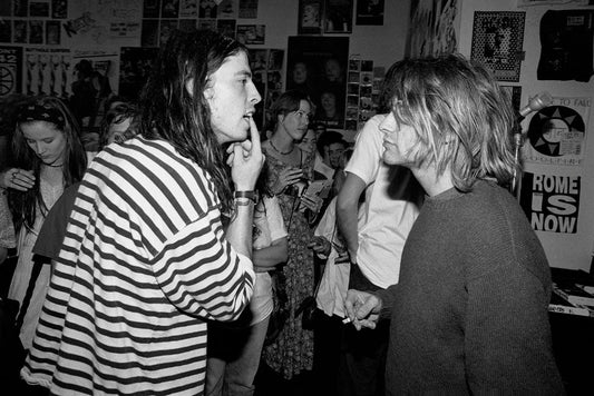 Nirvana-era grunge aesthetic in a music-store setting, representing rough-edged home-gym personalization