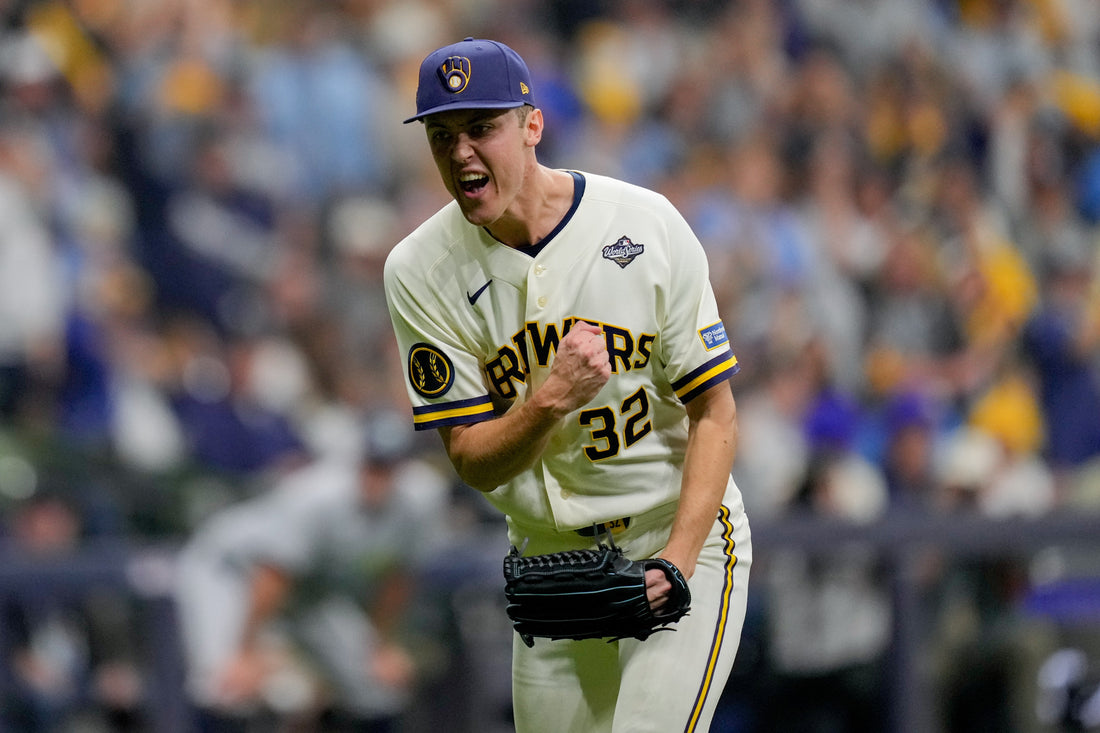 Jacob Misiorowski celebrates during the Milwaukee Brewers' 2026 World Series Game 1 win over Tampa Bay