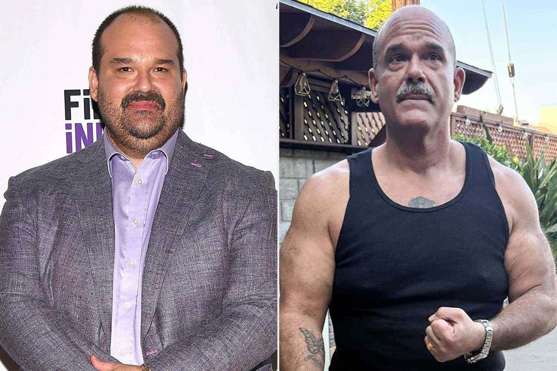 Before-and-after photo collage of actor Mel Rodriguez showing his earlier heavier appearance and later muscular physique