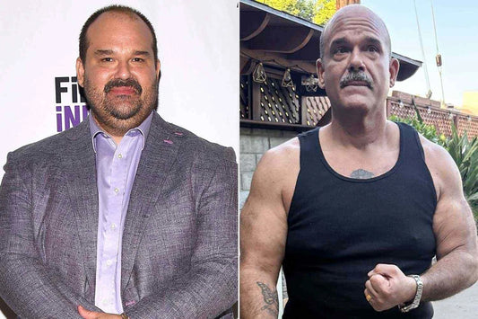 Before-and-after photo collage of actor Mel Rodriguez showing his earlier heavier appearance and later muscular physique