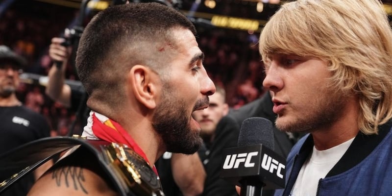 Paddy Pimblett and Ilia Topuria face off during a UFC interview
