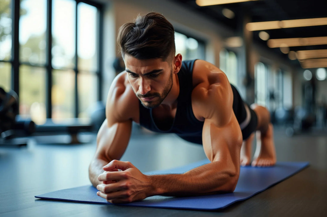 Athlete holding a forearm plank in a gym, illustrating the core-stability workout.