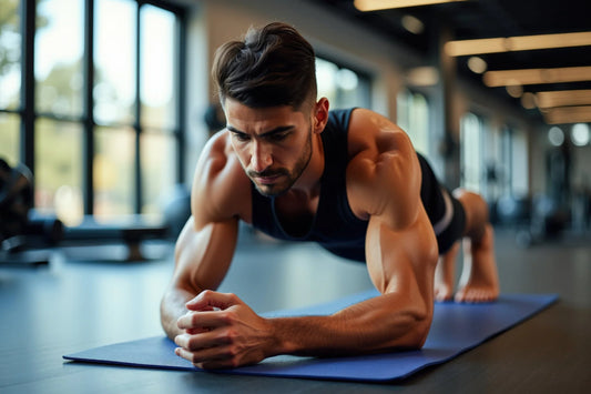 Athlete holding a forearm plank in a gym, illustrating the core-stability workout.