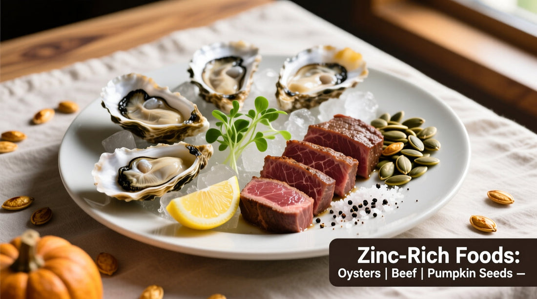 Zinc-rich foods including oysters, beef and seeds