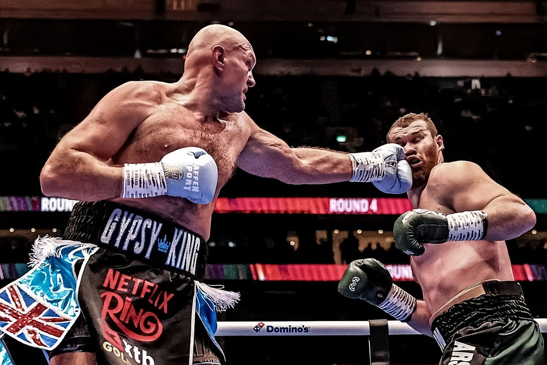 Tyson Fury throwing a punch in the ring against Arslanbek Makhmudov