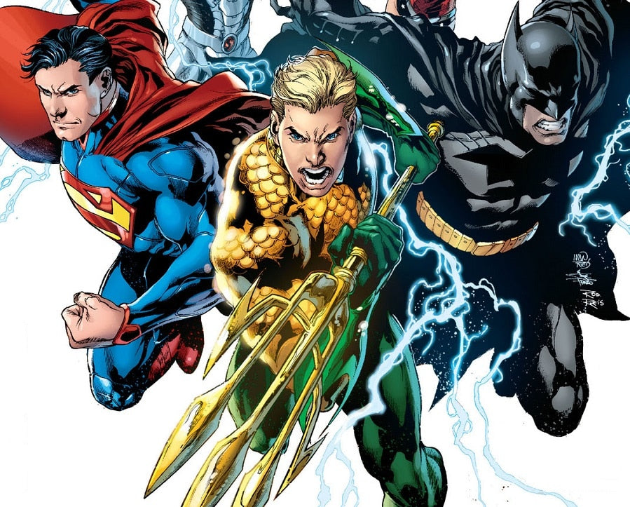 DC comic illustration of Superman, Aquaman and Batman charging together, Aquaman holding a golden trident