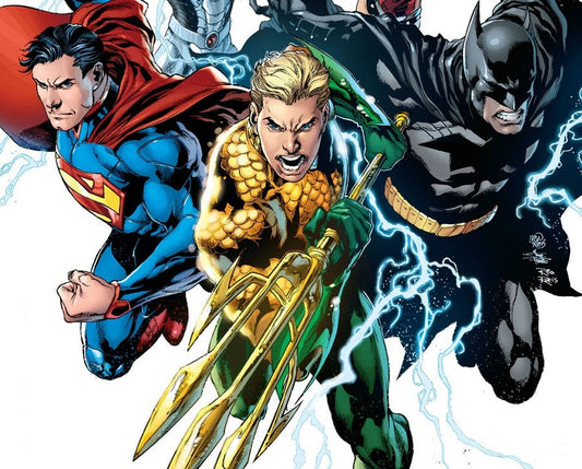 DC comic illustration of Superman, Aquaman and Batman charging together, Aquaman holding a golden trident