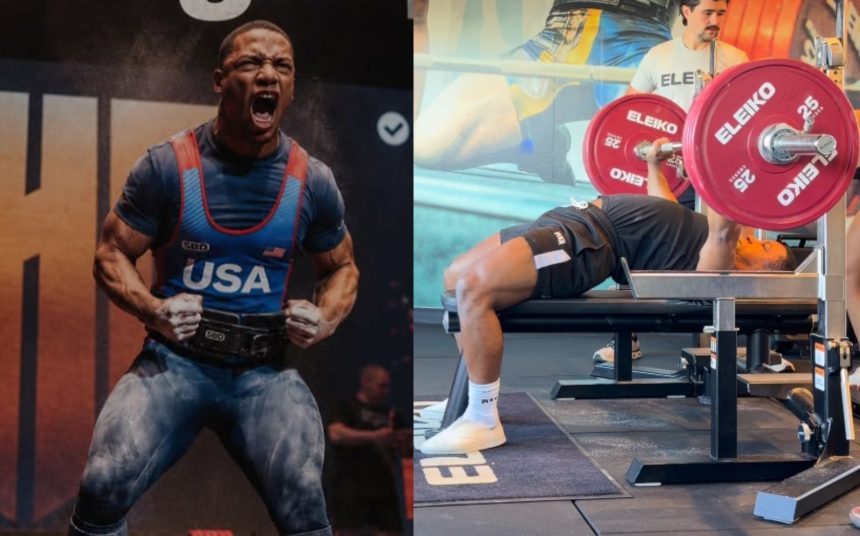 Austin Perkins celebrating beside a heavy barbell bench press in a training gym