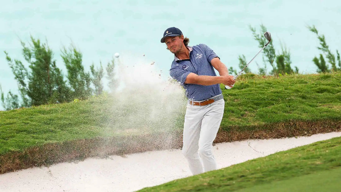 Austin Smotherman playing from a greenside bunker in the 2026 Bermuda Championship third round