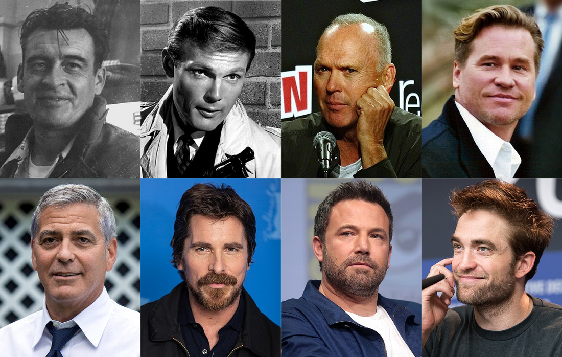 Collage of live-action Batman actors including Michael Keaton, Christian Bale, Ben Affleck and Robert Pattinson