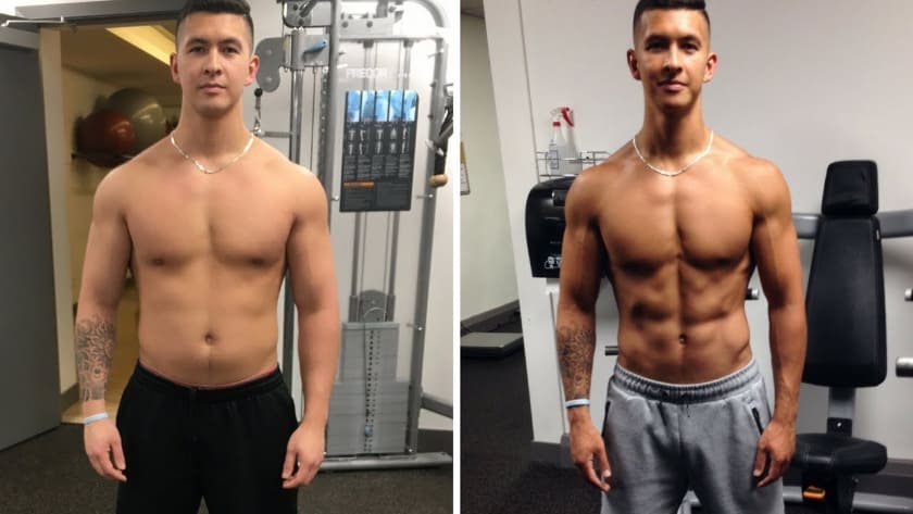 Jeremy Ethier standing shirtless in a gym showing a lean muscular physique